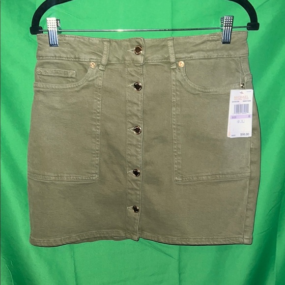 NWT Michael By Michael Kors Olive Button-Front Denim Skirt size 6 - Picture 1 of 7